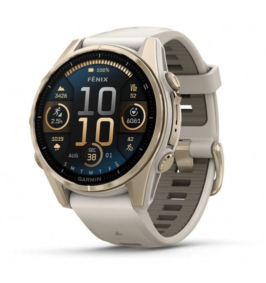 fēnix® 8 - 43 mm, AMOLED Sapphire, Titanio, Soft Gold & Fog Gray - 010 - 02903 - 11 - Simmi Gioiellerie - Orologi